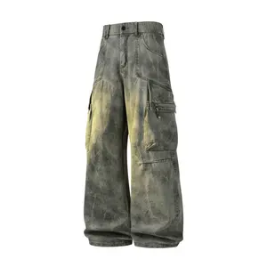Men's Cargo Denim Jeans with Mud-Dyed Gradient Fade Effect, Asymmetrical Zipper Utility Pockets, Belt Loops, and Relaxed Full-Length Silhouette for Y2K Streetwear Style