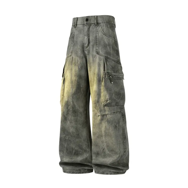 Men's Retro Wide-Leg Cargo Jeans, Mid-Waist Loose Fit Heavyweight Cotton Denim with Flap Pockets and a Cuffed Hem for Streetwear, Casual, Pants, Camouflage, Christmas, Trouser, Stylish, Easter, Heavy Cotton, Loose-Fitting