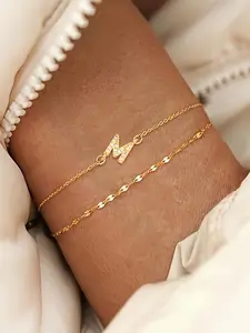 Initials Pendant Bracelet, Fashionable Layered Bracelet for Women & Girls, Trendy All-match & Exquisite Jewelry for Birthday Gift, Letter Link Bracelet, Bracelet with Pendant, Fashion Bracelets