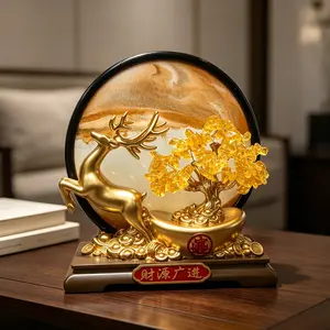 Golden Deer Resin Ornament, Wealth Tree with Edge Gold Sand, Elegant Liquid Wax Art, Ideal for Store Counter, Business Gift