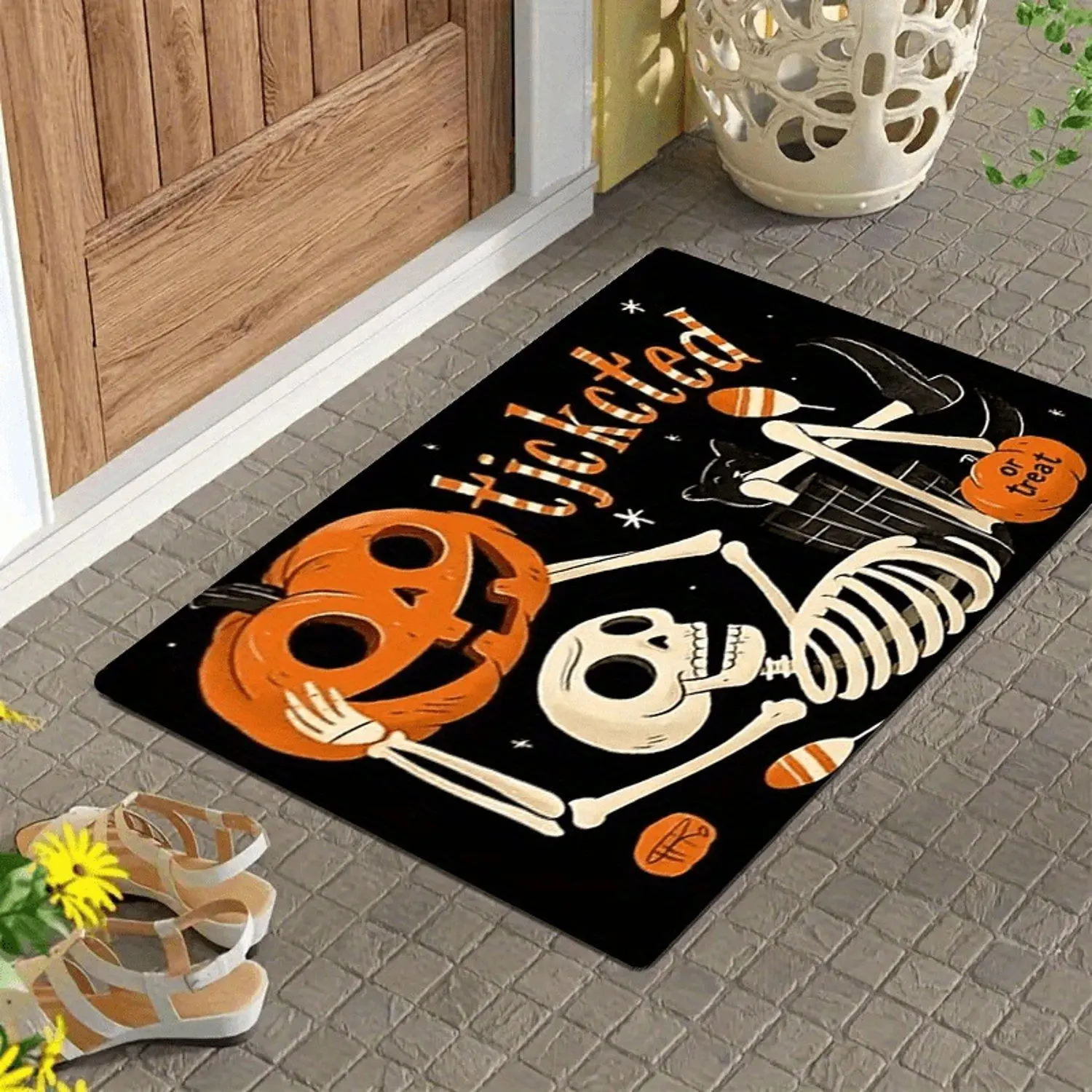 Soft Flannel Skeleton Pumpkin Trick or Treat Doormat Non Slip Washable Halloween Front Door Welcome Mat Indoor Outdoor Porch Decor Rug