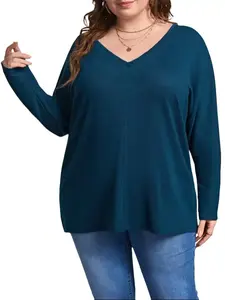 Plus Size Plain V Neck Tee, Casual Long Sleeve T-shirt for Spring,Summer, Women's Plus Clothing for Daily Wear