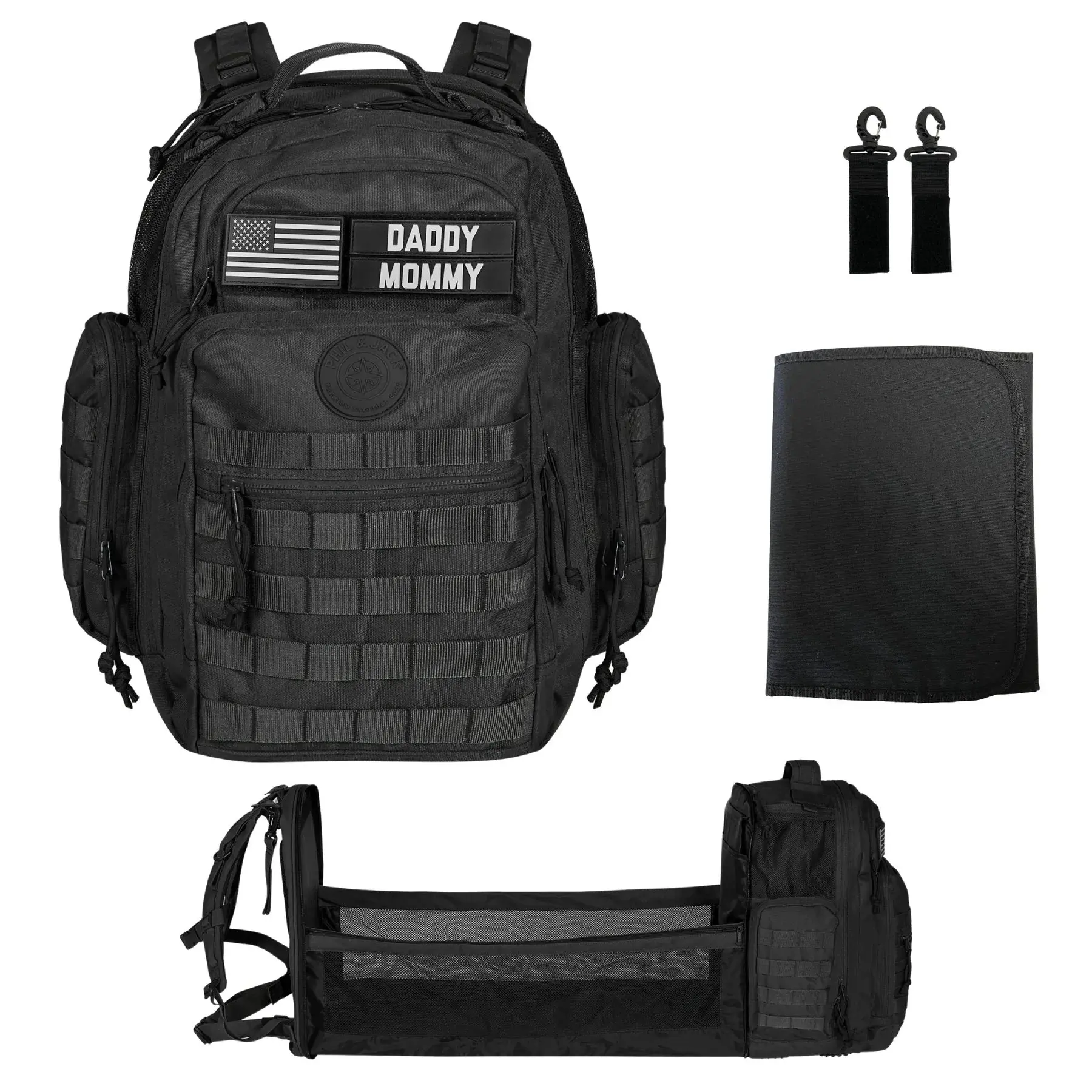 Phil & Jack Dad Diaper Bag Backpack, Baby Diaper Bag with Changing Station, Tactical Military Style, Womens Mens Diaper Bag (Black)