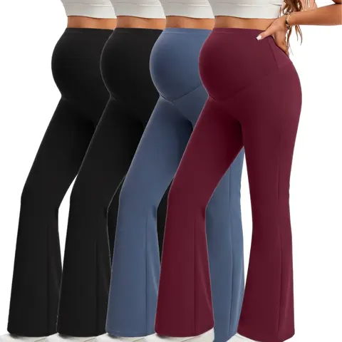 Women's 4-Pack Butter-Soft High-Waisted Elastic Waist Bell-Bottom Maternity Pants with Belly Band, Color Mix Full-Length Casual Maternity Outfits, Stretch Fabric for Pregnancy Clothes Exercising & Work, Machine Washable