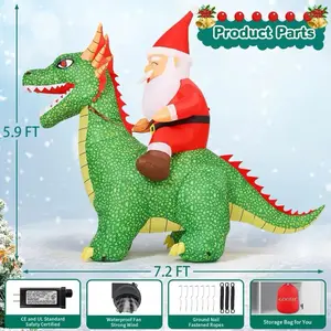 9ft High 7.2ft Length Santa Riding Dinosaur Christmas Blowup Inflatable Waterproof with CE UL Certified Fan and built in led and storage bag