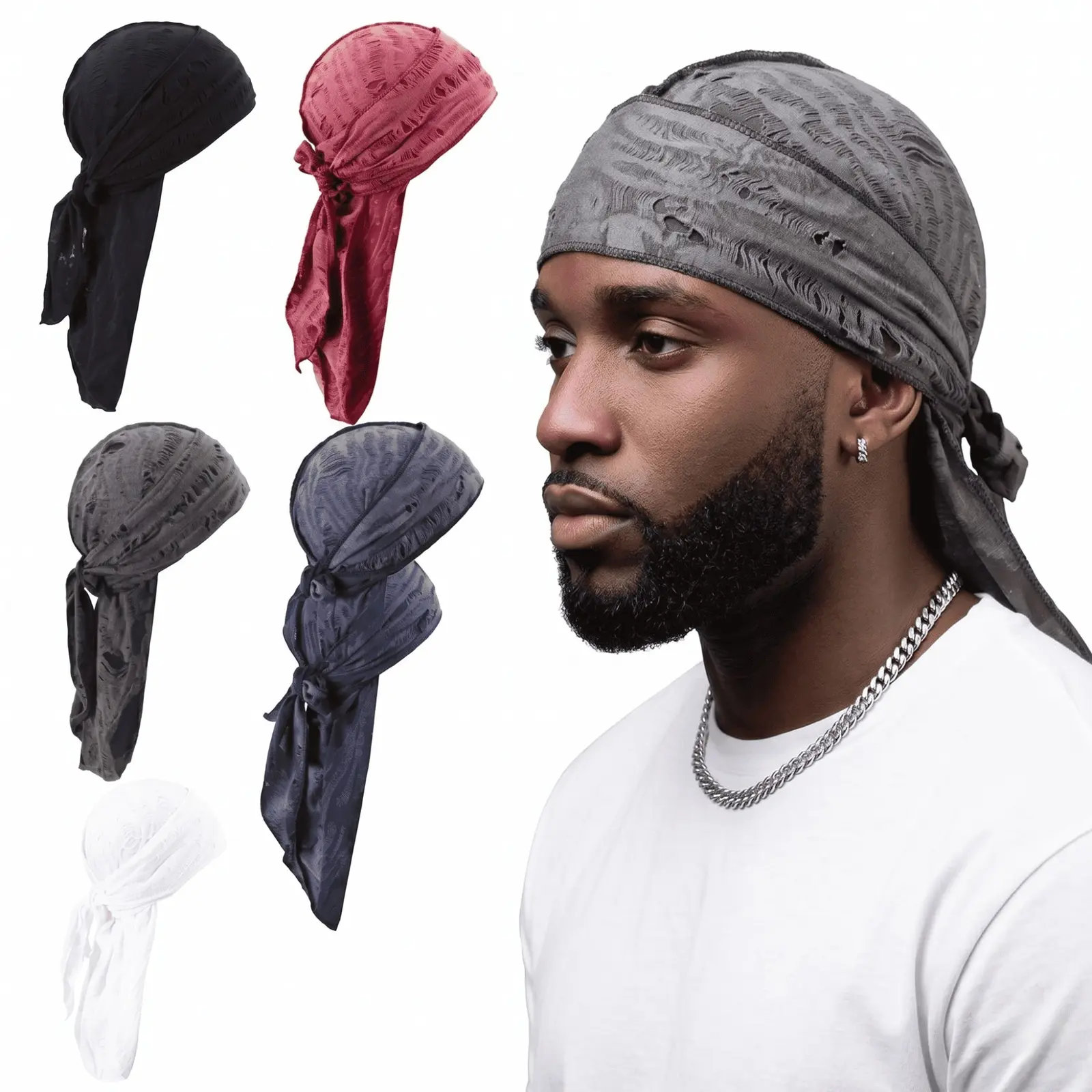 Unisex 3-Pcs Retro Distressed Durag Headwrap Set - Soft Stretch Ripped Bandana Pirate Turban, Breathable Hip Hop Streetwear Casual Hat for Daily Outfits & Sports