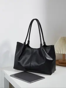 Large Capacity Woven Design Fashion Solid Color Tote Bag, Versatile New Women's Commuter Shoulder Bag for Shopping Travel Business