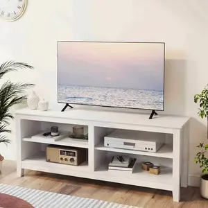 Modern TV Stand for 65 inch TV, White Wood TV Cabinet with 4 Open Storage Shelves, Fits 50-65 Inch TVs, 55 Inches W x 15 Inches D x 22.8 Inches H