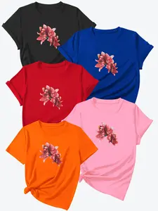 Women's Floral Print Round Neck Tee, Casual Short Sleeve Crew Neck T-Shirt for Daily Wear, Ladies Clothes for All Seasons, Top