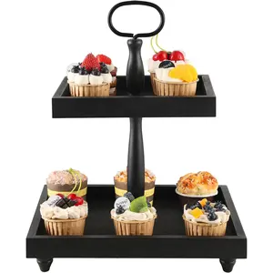 Rustic Wooden Tiered Tray Stand, 2-Tier Decorative Tray with Bead Garland, Farmhouse Serving Tray, for Coffee Bar Centerpiece, Home Decor, Housewarming Gifts (Black, Rectangular)
