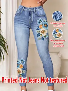 【Printed Legging - Not Denim Fabric】Women's Imitation Denim Skinny Pants, Slim, Fitted, Denim Print Design, Stylish Comfortable Fit for Everyday Wear