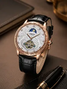 Men's Rose Gold Case Floral Dial Leather Strap Diamond Moon Phase Automatic Watch, Fashionable and Versatile, Business and Casual
