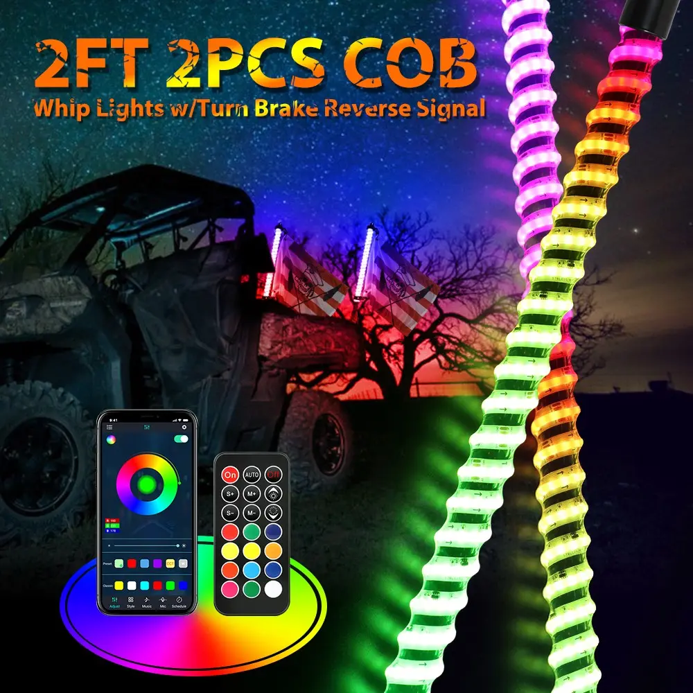 NEW Pair 2ft RGB Spiral LED Whip Lights Antenna Chase + Flag&Remote for ATV UTV