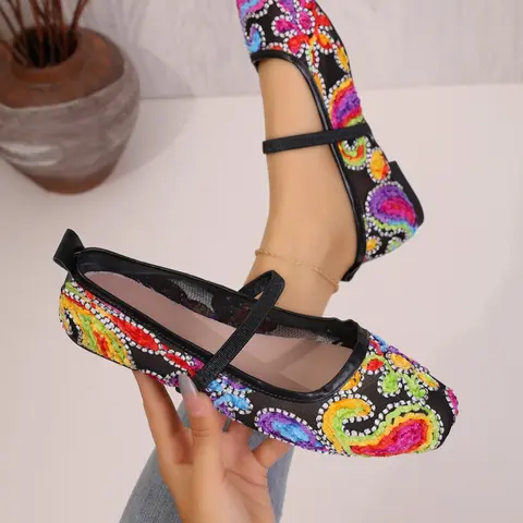 Women's Ballet Flats with Adjustable Strap, Netted Ballet Flats, Comfortable Slip-On Mary Jane Shoes, Knit Casual Footwear for Daily Wear, Breathable Flats, Slip Ins Shoes