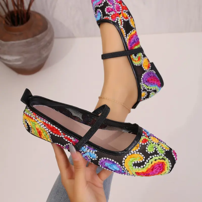 Women's Ballet Flats with Adjustable Strap, Netted Ballet Flats, Comfortable Slip-On Mary Jane Shoes, Knit Casual Footwear for Daily Wear, Breathable Flats, Slip Ins Shoes