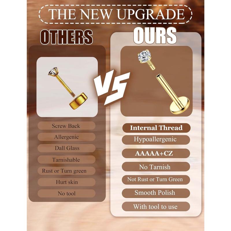 14K Gold Plated Flat Back Stud Earrings - 316L Surgical Steel Internal Thread CZ Stud Piercing Jewelry for Tragus Helix Cartilage Conch Nose Hypoallergenic Lip Monroe Labret Medusa Piercing 16G 18G