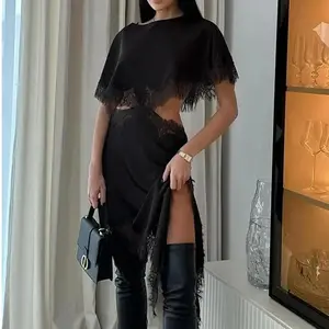 LANDA US Lace Mini Dress with Open Front Sleeves, Asymmetrical Hem and Complex Lace Trim, Formal Wear Party Fashion Set with Matching Vest