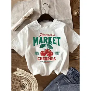 Women's White Casual Crew Neck T-Shirt Featuring Handpicked Cherries and Fresh Print All-Season Comfort Short Sleeve Regular Fit Soft Breathable Fabric Vibrant Red and Green Leaf Design Farm to Table Style Casual Tee for Women and Men