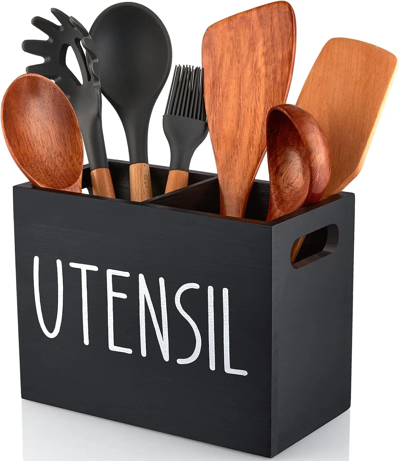 ALELION Wood Kitchen Utensil Holder with 2 Compartments, 7" Large Rustic Utensil Caddy Organizer for Kitchen Counter, Black Farmhouse Kitchen Decor and Accessories for Countertop