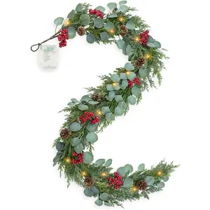 6FT Christmas Garland with Lights Artificial Pine Cypress Eucalyptus Garland with Red Berries Christmas Tips Cedar Garlands,Christmas Decorations Holiday Indoor Outdoor Winter Garland