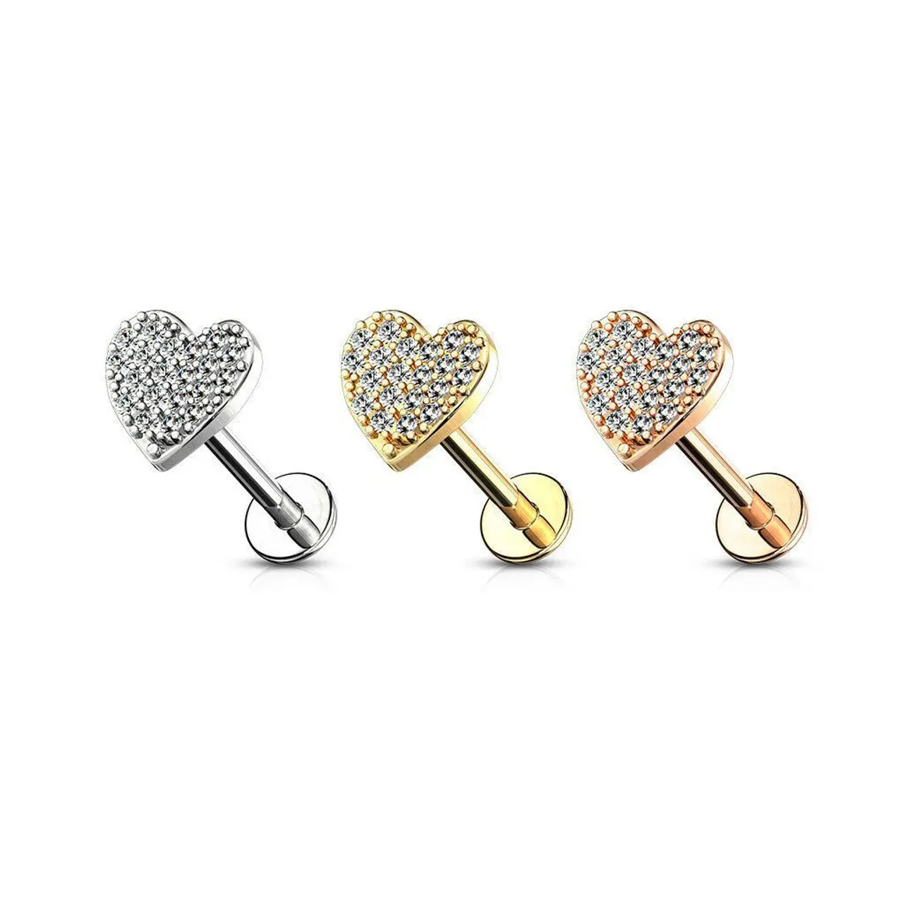 CZ Paved Heart Top Internally Threaded Flat Back Labret Surgical Steel 16ga
