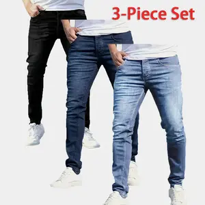 Men's 3-Pack Flex Stretch Slim Straight Jeans with 5 Pockets Denim Fabric Menswear