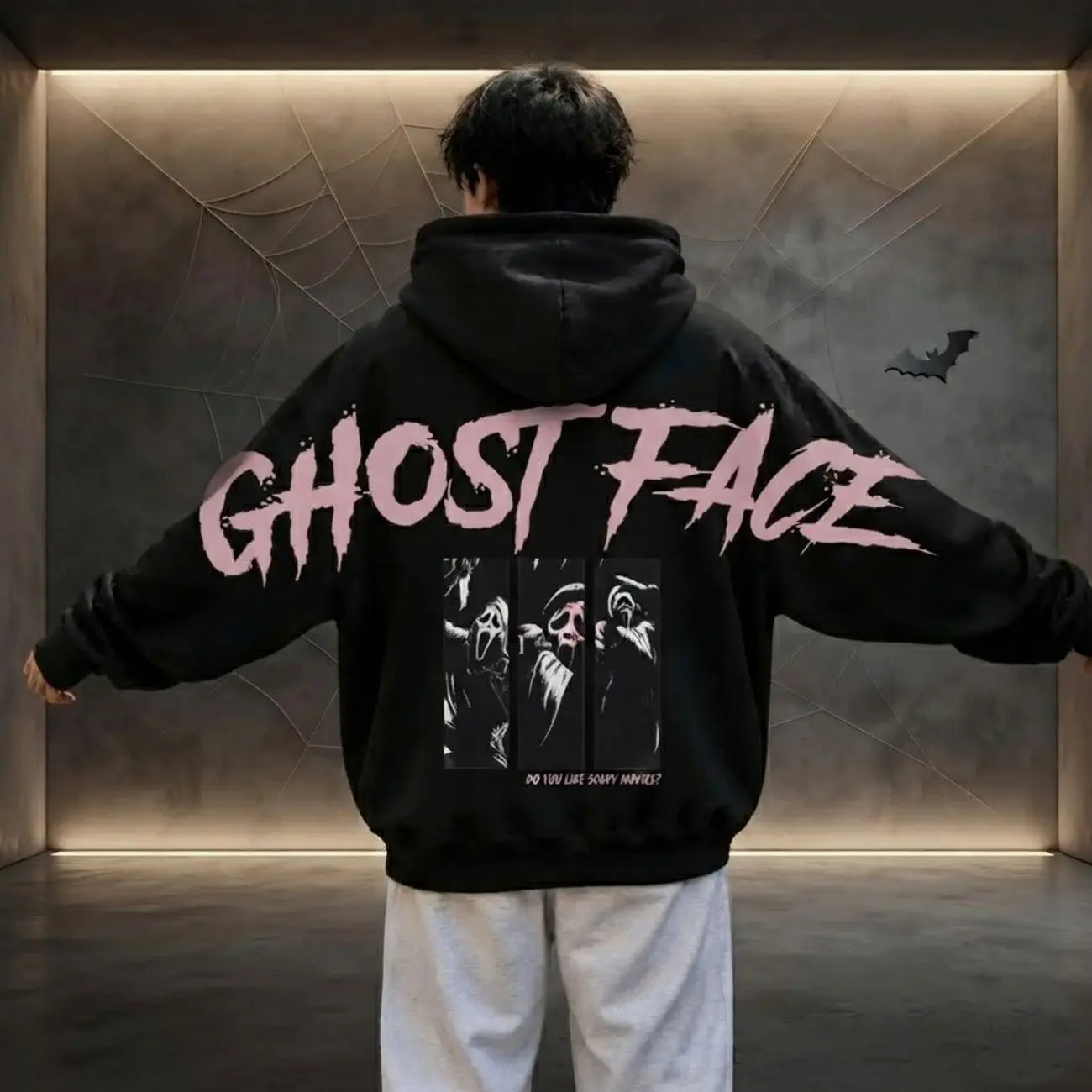 Trendy Halloween Pink Ghostface Across Shoulder Hoodie, Horror Movie Sweatshirt, Firm Club Graphic Hoodie, Back Lettering, Halloween Gift, Spooky Streetwear