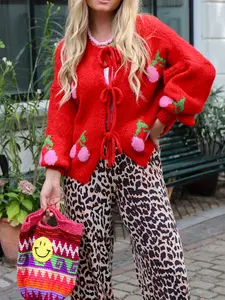 Casual Loose-Fitting Cherry Knitted Cardigan, Stylish Plain Design for Fall and Winter, Hand Washable for Easy Care