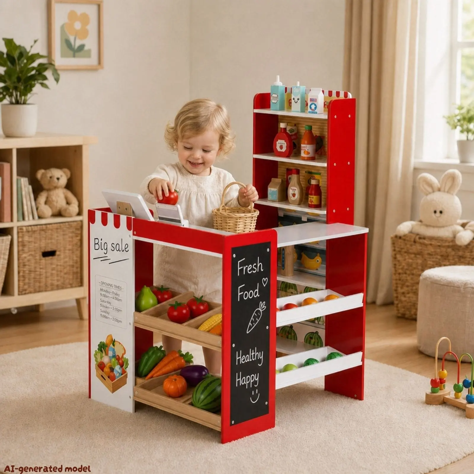MAMIZO Wooden Unisex Toddler Realistic Pretend Play Grocery Store Checkout Stand Play Set - Kids Toys with Chalkboard, Cash Register, Display Shelves, Food Accessories for Shopping Games, Educational Birthday Gift