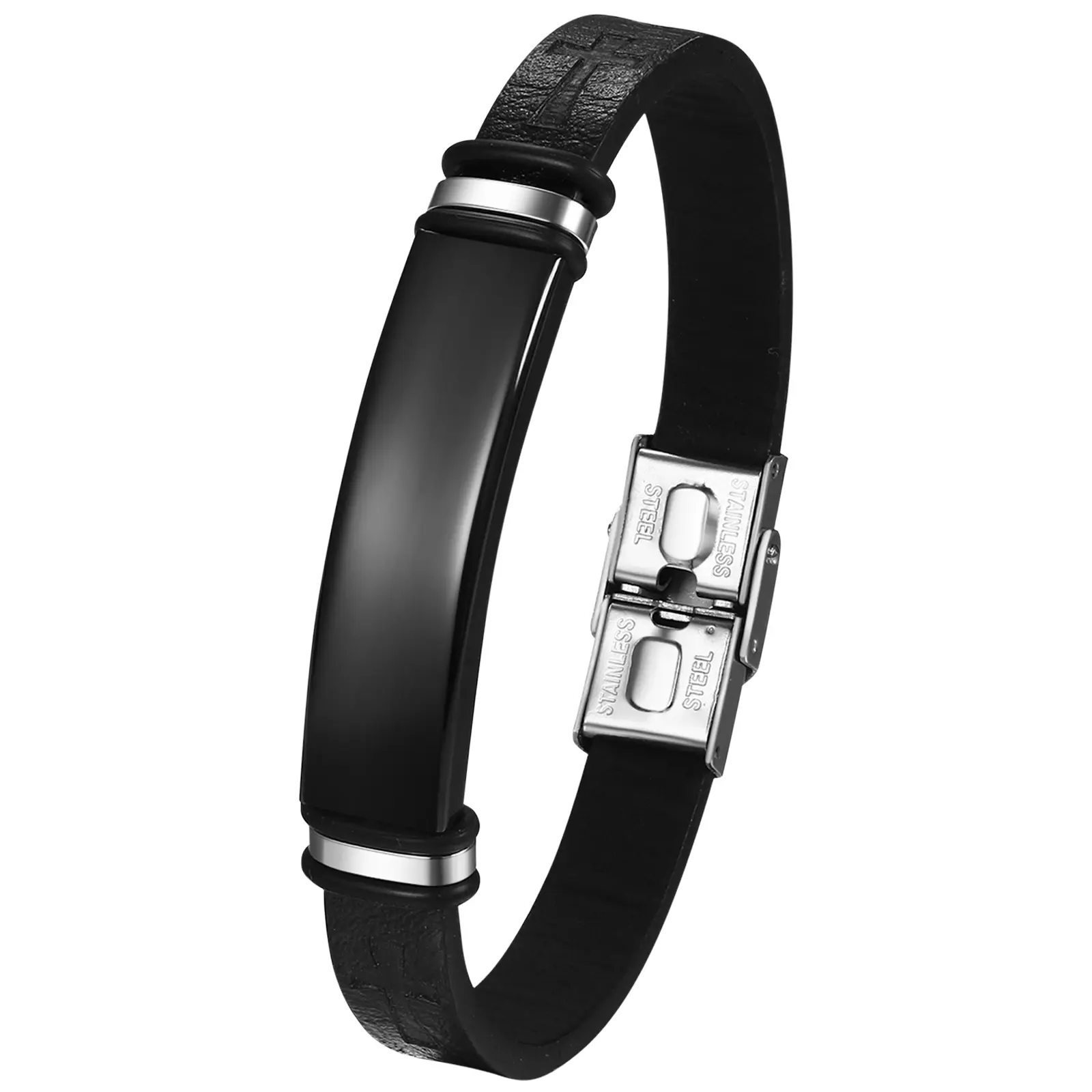 OIDEA Woven PU Leather & Stainless Steel Bracelet with Custom Engraved Christian Cross ID Bar, Unisex Adjustable Size, Hypoallergenic, Christmas & Father's Day Gift, Curved Bar, Religious
