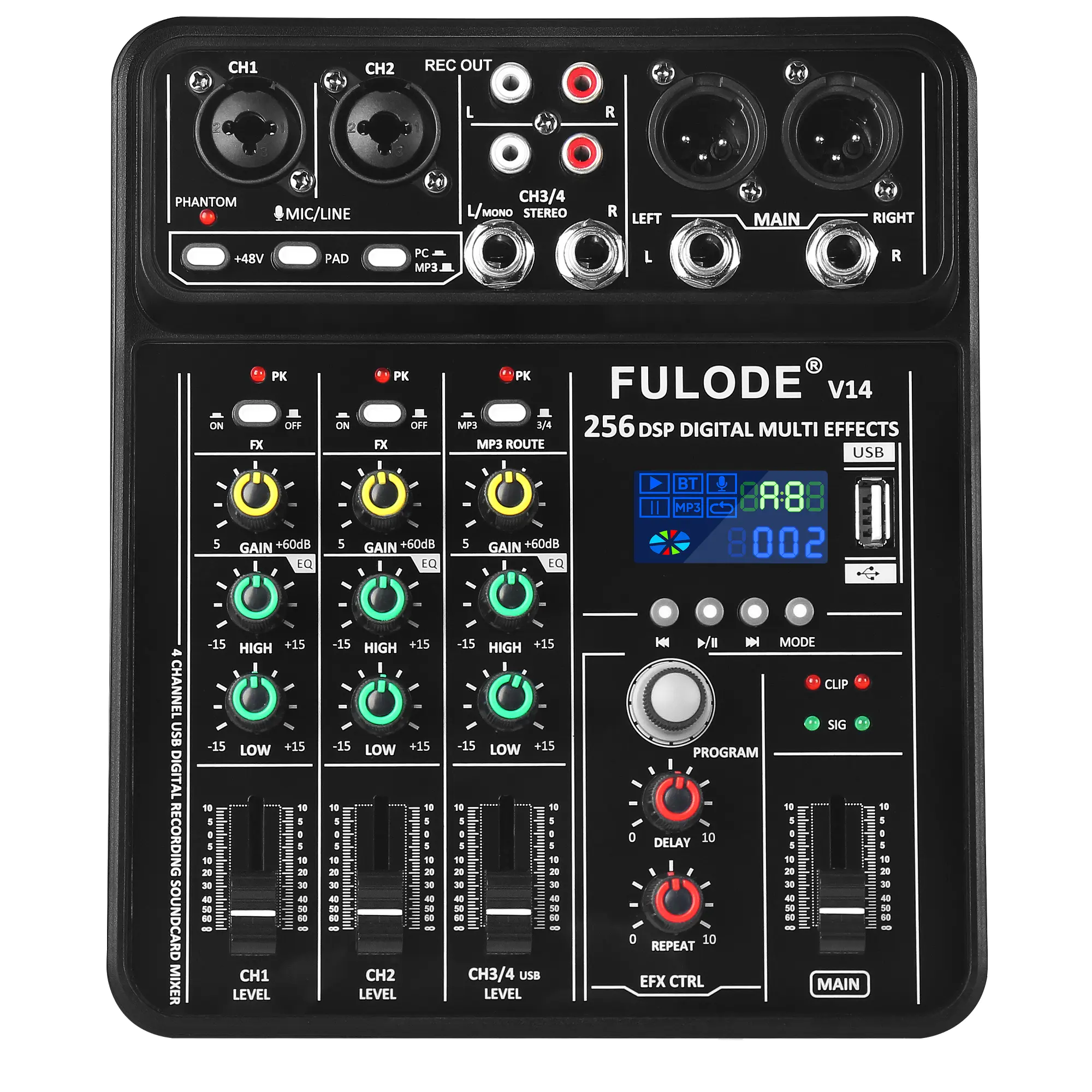 4-Channel Digital DJ Mini Console Mixer Device - 256DSP, 48V Phantom Power, PAD Function, Wireless Bluetooth 5.0, USB Type A, MP3 & Computer Inputs for Karaoke, Recording Studio Streaming