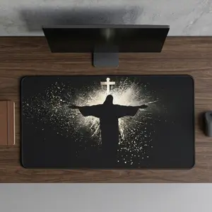 Illuminated Jesus and Cross Mousepad, Desk Mat, Christian Extra Large Anti-Slip Mousepad, Desktop Accessory, Birthday or Christmas Gift