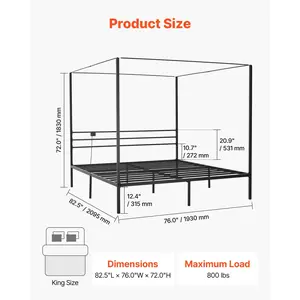 VEVOR King Size Canopy Bed Frame, Metal Canopy Bed with Charging Station and Four Posters Design, Heavy Duty Steel Slats Support, Underbed Storage Space, No Box Spring Needed, Easy Assembly, Black