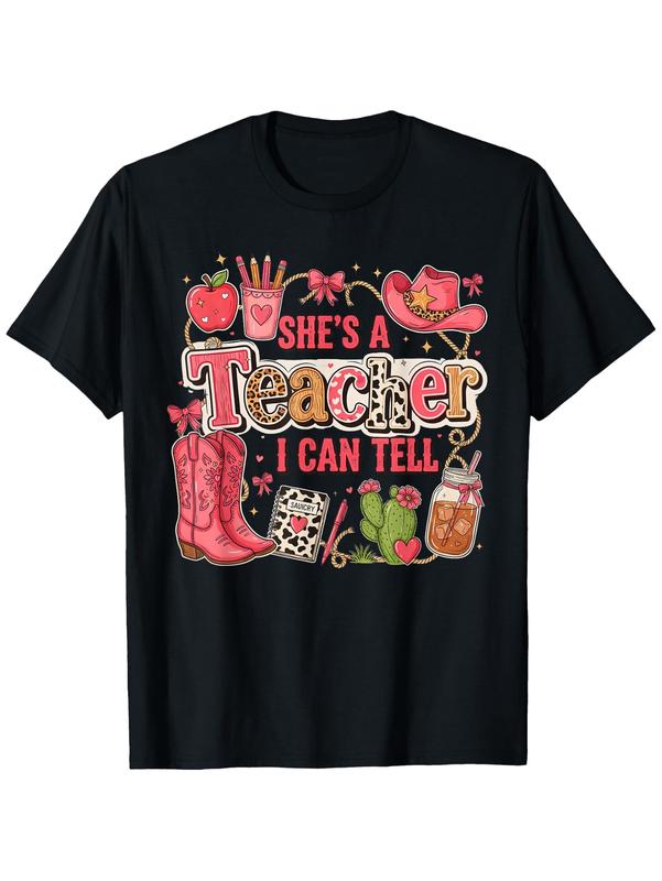She's A Teacher I Can Tell Western Cowboy Teacher T‑Shirt, Leopard Cow Print Cowgirl Boots Graphic Tee, Casual Short Sleeve Top, Gift For Women Teacher