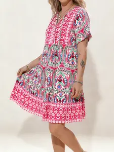 A women's printed V-neck dress, fashionable loose Bohemian Boho short dress, suitable for summer, vacation, and daily casual wear.