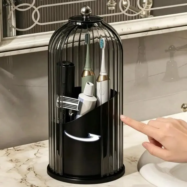 Toothbrush Holder with Sliding Lid, 360° Rotating 3 Slot Bathroom Organizer Countertop, Dustproof Toothbrush Toothpaste Holder Stand with Non-Slip Base, Multi-Use Caddy for Bathroom Sink Vanity Makeup Brushes