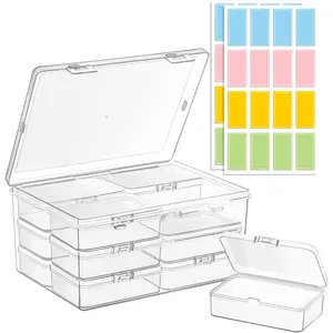 Medium Plastic Organizer Boxes, 12 Clear Containers with Hinged Lids, for Beads, Jewelry, Crafts, Electronics, Hardware, School Supplies (32 Labels)