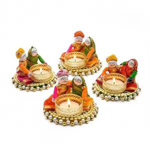 Store Indya Handcrafted Metallic Finish Tea Light Candle Holders Orange and White Set of 4 for Indoor Decor with Traditional Patterns and Secure Fit - Decoration