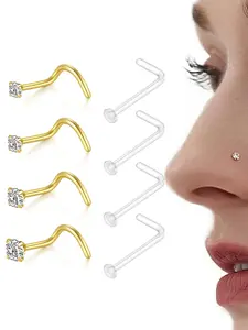 8pcs 20g Clear Nose Rings, Cz Screw S-Shaped Plastic Bioflex Nostril Piercing Retainer, Nose Piercing Jewelry, Daily Use & Gift-Giving Occasions