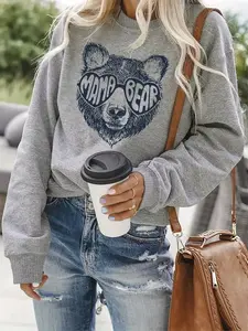 Mama Bear Letter Print Round Neck Long Sleeve Sweatshirt, Casual Fitted Thin Kint Fabric, Spring & Fall Women's Fashion