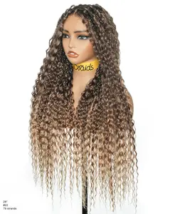 uBraids 28" Synthetic Blend Human Hair Swiss HD Lace Blend Brown Deep Wave Knotless Boho Box Braided Wig Full Lace Hand-tied Fontal Glueless With Drawstring