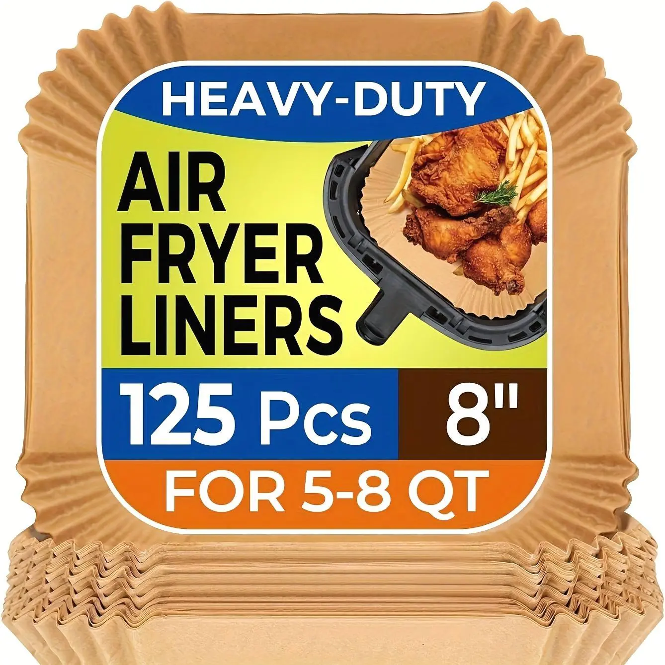 125pcs Air Fryer Paper Liners, Disposable Liners for Microwave & Air Fryer, Non-Stick Air Fryer Liners, Square Unbleached (8 Inches) - Suitable for 5-8 QT Air Fryers, Ideal for Baking & Microwaving, Air Fryer Accessories