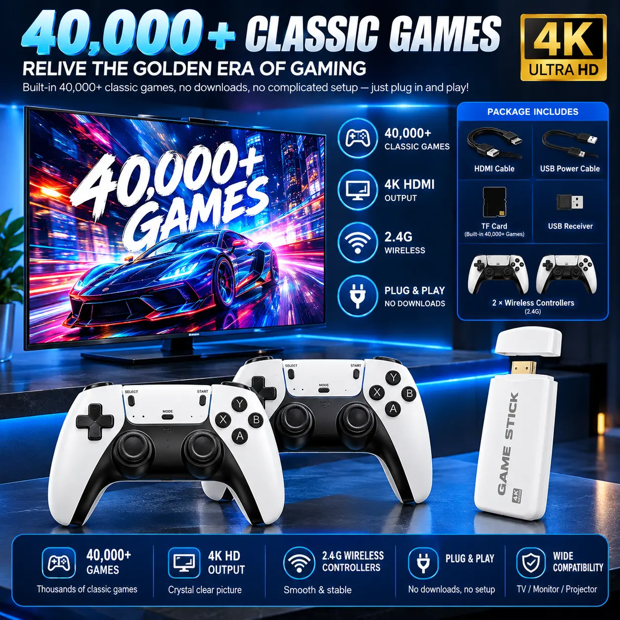 Retro Emulator Plus Home Video Game Console - 128GB TF Card, 2 Wireless Controllers, HDMI Cable, Preloaded Library, Game Night Gadget, Family Fun, Birthdays & Boy Ideal Gift, Mass Game Unique Gift for Men & Boyfriend, Black Friday & Christmas Gift