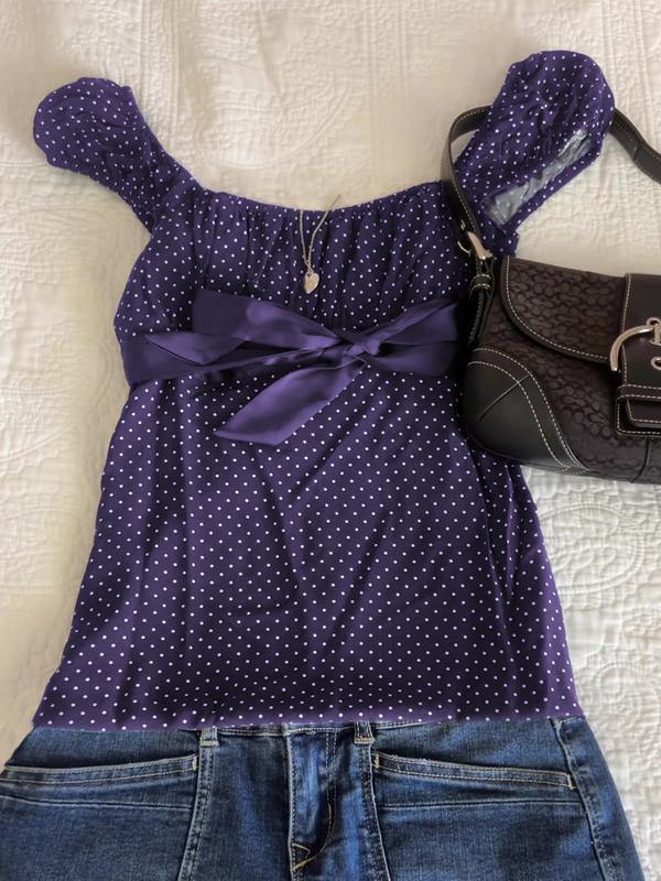 Polka Dot Square Neck Tie Top, French Vintage Style Slim Fit, Perfect for Daily and Dates, Women's Fashion