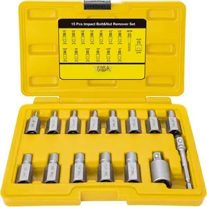 15 count Screw Extractor Set with 3/8" Inch Drive, Hex  Multi-Spline Easy Out Allen Screw Extractor Kit Stripped Bolt  for Removing Broken Rounded Rusted  Screws Nuts(Yellow)
