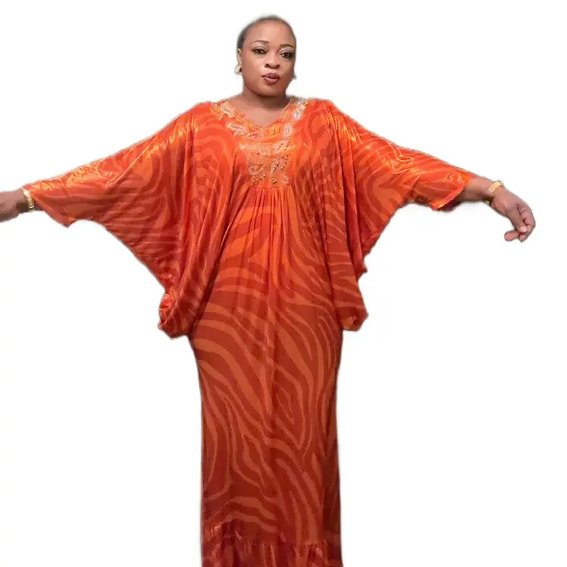 Luxury Women Abaya Bubu Embellish Kaftan Dress Orange with Intricate Design and Flowy Silhouette
