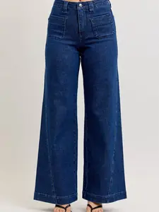 Judy Blue High-Waisted Retro Wide Jeans with Patch Pkts & Twisted Seams