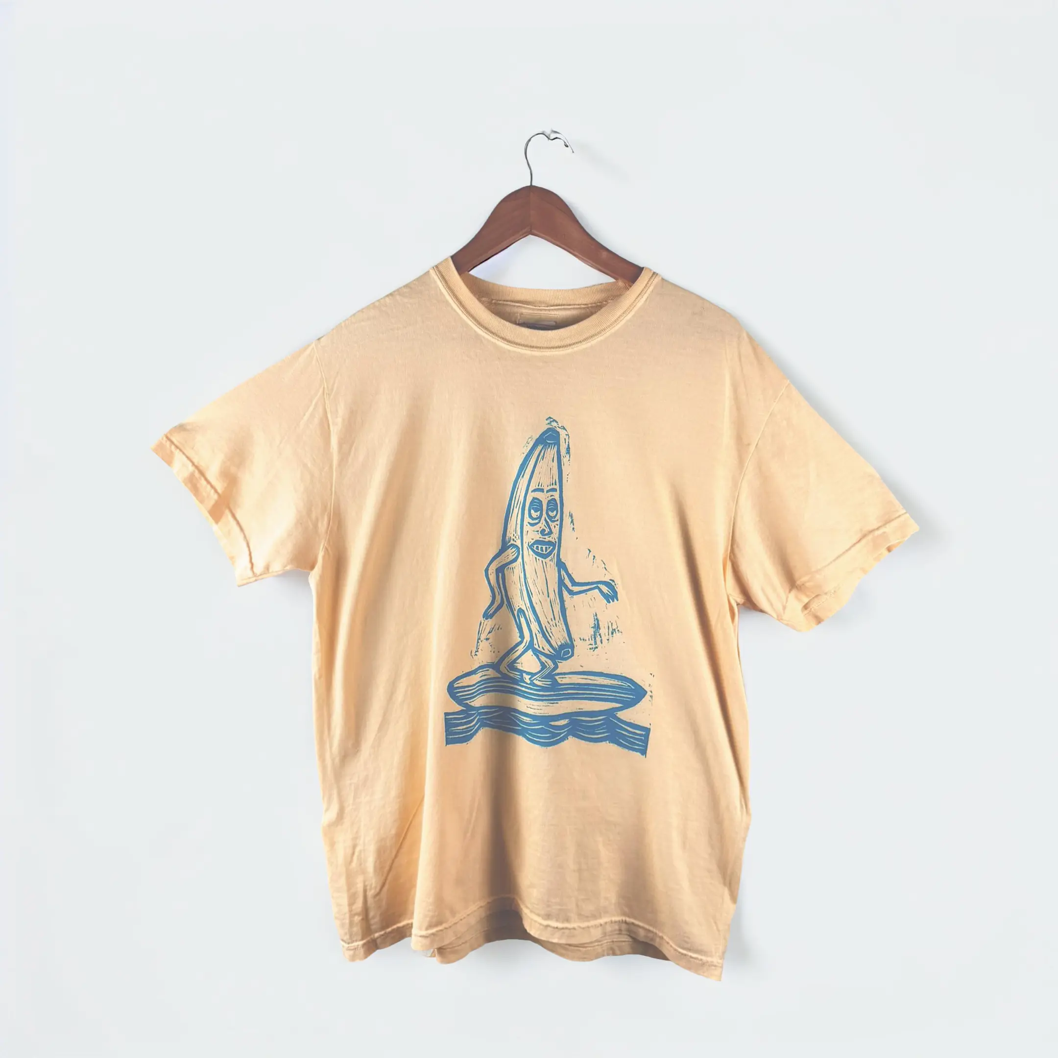 Men's Woodcut Print T-Shirt with Tropical Banana Graphic - 100% Cotton Shortsleeve Round Neck Menswear Top, Casual, Print Graphic, Size