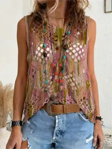 Spring and summer collection, V-neck diamond hollowed out sleeveless cardigan, contrast print women's knitted top, vacation style, casual elegant commute, women's vest cardigan, bikini cover-up, boho vacation style beach cover-up