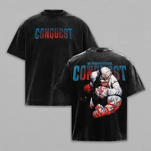 Conqueror Invincible comic-style washed round neck T-shirt, Unisex design made of 230-gram pure cotton fabric, suitable for all seasons. Ideal for everyday wear, sports, and parties.
